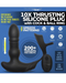 This image shows an advertisement for XR Brands Thunder Plugs Thrusting Silicone Anal Vibrator w/ Cock & Ball Strap. The product features 3 speeds and 7 patterns.