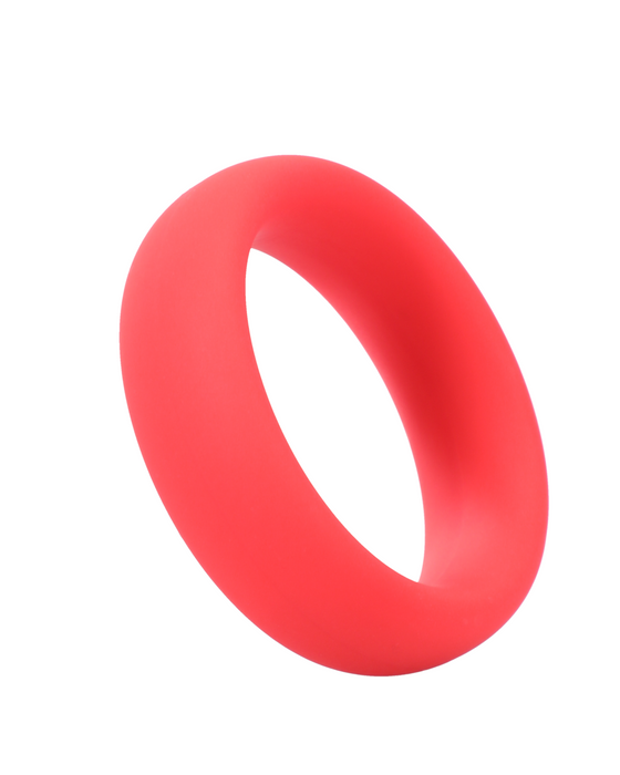 A vibrant red Tantus Super Soft 1.5 inch Cock Ring isolated on a white background.