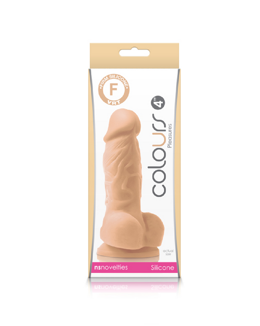 A packaging box featuring a beige, silicone, phallic-shaped sex toy crafted from superior grade silicone. The text on the box includes "Colours Realistic 6 Inch Silicone Suction Cup Dildo - Vanilla," "Flesh," and "NS Novelties." The background is mostly white with beige and pink accents, ideal for petite size dildo enthusiasts.
