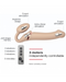 Diagram of a multifunctional Lovely Planet Vibrating Strapless Strap-on Vanilla - Large with labeled features, including anatomic design, g-spot stimulation, and independent motor controls.