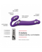 Image of a purple, anatomically designed Lovely Planet Vibrating Strapless Strap-on Purple- Large with features labeled, including extra clitoral stimulation, three motors, and settings for vibrations and intensities.