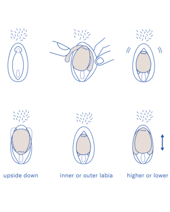 Illustration of different types of clitoral glans coverage by the labia, demonstrated in various orientations and positions using a Dame Eva Hands-Free Silicone Clitoral Vibrator in Ice Blue by Dame Products.