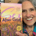 A smiling older woman holds up "Sex After Grief by Joan Price," a book about sexual reawakening after loss. The cover, featuring wildflowers and a sunset sky, invites readers to embrace intimacy again in their later years.