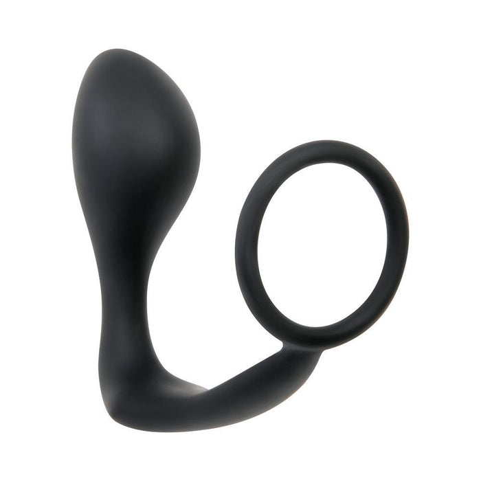 The Intro To Prostate Kit 4 Piece Silicone is a black silicone prostate massager with an attached ring, designed for personal use. It features a bulbous tip, curved base, and ring for added stimulation or control.