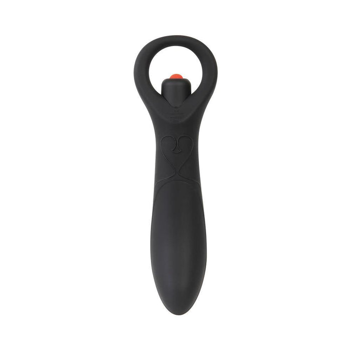 The Intro To Prostate Kit 4 Piece Silicone features a black silicone massager with a looped handle and red button, designed with a smooth, tapered shape that’s ideal for prostate play.