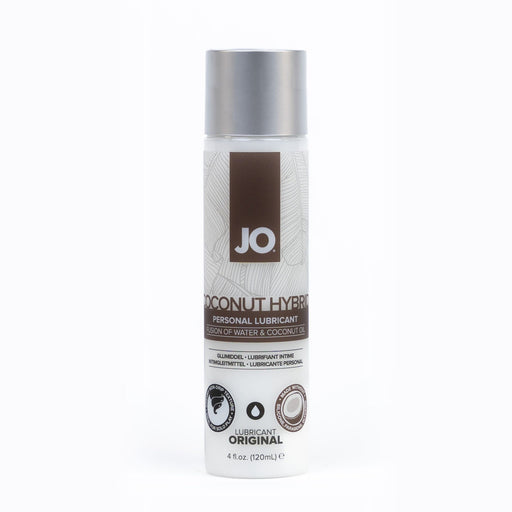 A white bottle of System Jo's JO Coconut Hybrid Original Lubricant is shown against a white background. The label indicates it is a fusion of water and coconut oil, boasting a paraben-free, water-based formula. The bottle size is 4 fluid ounces (120 ml). The cap is metallic, and the branding exudes sleek modernity.