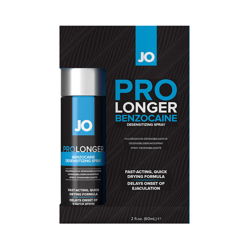 A black and blue box with a silver-topped bottle labeled "JO Prolonger Benzocaine Desensitizing Spray," featuring a fast-acting, quick-drying formula designed to help prevent premature ejaculation.