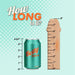 A can labeled "Betty Soda" (height: 4.83") is next to the Jammy Silicone Thick 8 Inch Black Silicone Dildo, which has inch markings up to 8". Above them, text reads: "How long is it?.