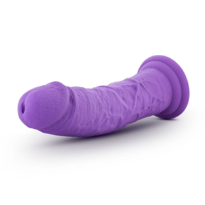 The Jammy Thick 8 Inch Purple Silicone Dildo, made from platinum-cured silicone with a realistic shape, detailed veins, and a flared suction cup base, is shown on a white background.