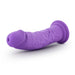 The Jammy Thick 8 Inch Purple Silicone Dildo, made from platinum-cured silicone with a realistic shape, detailed veins, and a flared suction cup base, is shown on a white background.