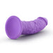 The Jammy Thick 8 Inch Purple Silicone Dildo features a realistic, textured design with veins and a pronounced head, crafted from platinum cured silicone with a sturdy flared base and suction cup for hands-free use.