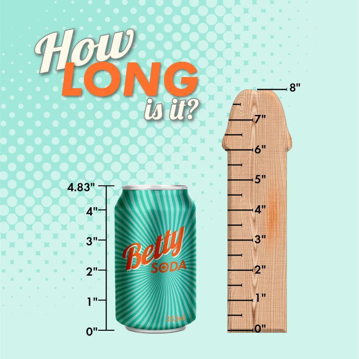 A can labeled "Betty Soda" stands next to a Jammy Thick 8 Inch Purple Silicone Dildo, marked with inches up to 8. The can measures 4.83 inches tall. The text reads, "How LONG is it?" on a blue dotted background.