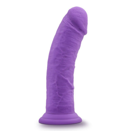 The Jammy Thick 8 Inch Purple Silicone Dildo is a platinum-cured, realistic dildo with pronounced head and veins, featuring a sturdy suction cup base and shown upright on a white background.
