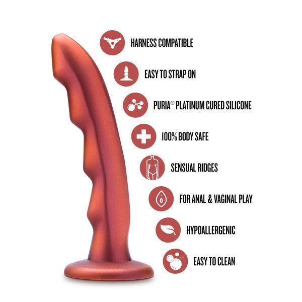 The Jealousy 7 Inch Rippled Red Silicone Dildo is pictured with icons highlighting its flared base, strap-on compatibility, platinum-cured body-safe silicone, sensual ridges for pegging or play, hypoallergenic design, and easy cleaning.