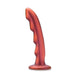 The Jealousy 7 Inch Rippled Red Silicone Dildo, featuring a metallic red curved shape, ridged textured shaft, and wide flared base for strap-on or pegging play, stands upright against a white background.