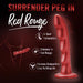 The Jealousy 7 Inch Rippled Red Silicone Dildo stands upright against a dark background, with text highlighting G-spot stimulation, red rouge shimmer, strap-on compatibility, and the phrase “Surrender Peg in Red Rouge.”.