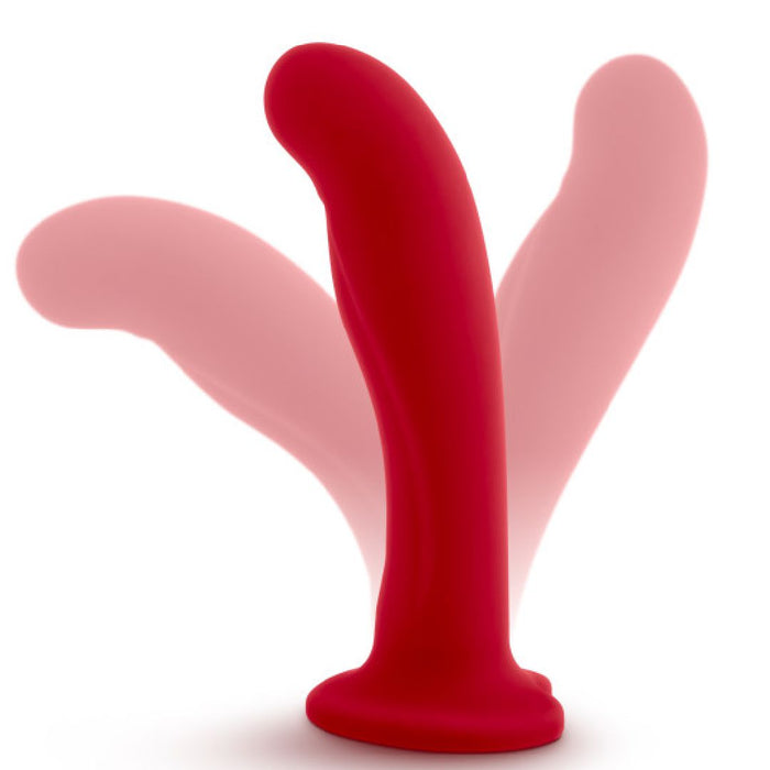 The Jezebel Sleek Curved 6 Inch Red Silicone G-Spot Dildo features a realistic, curved shape, flared suction cup base, and harness compatibility. Its translucent overlay highlights flexible movement against a white background.