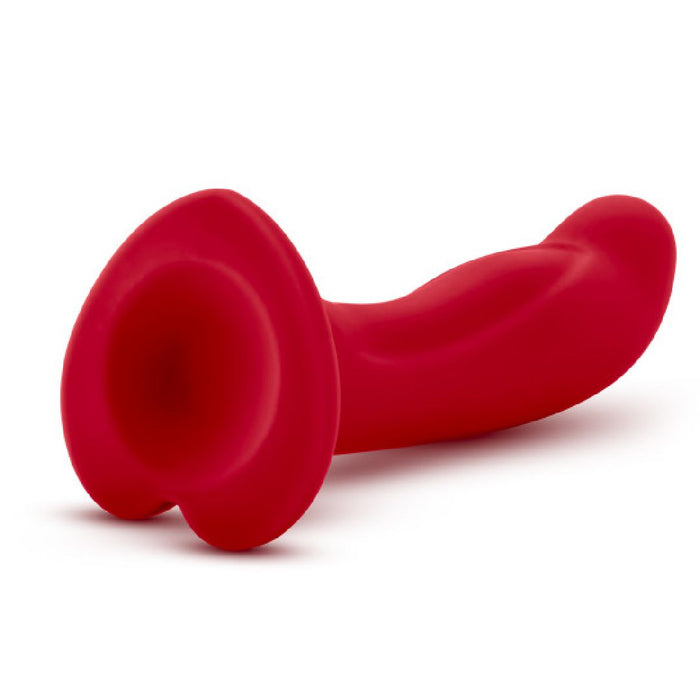 The Jezebel Sleek Curved 6 Inch Red Silicone G-Spot Dildo features a flared suction cup base and a gently curved shaft for safe, comfortable use, shown on a white background.