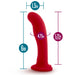 The Jezebel Sleek Curved 6 Inch Red Silicone G-Spot Dildo stands upright with a suction cup base, measures 6" long, 1.5" wide, has a 5.25" insertable length and 4.75" girth, and is harness compatible for versatile play.
