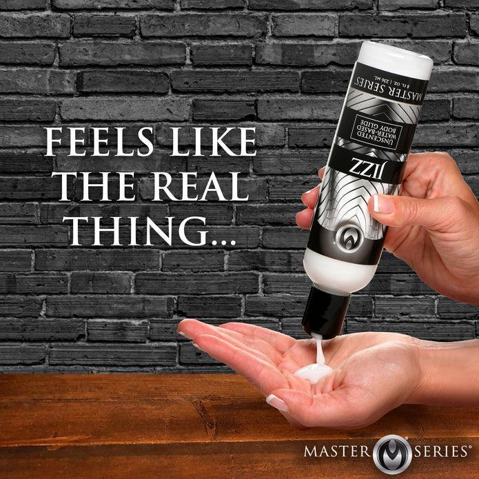 A person dispenses creamy Jizz Ultra Realistic Unscented Cum Lube from a black and white bottle onto their palm. The background features a dark brick wall with the text "FEELS LIKE THE REAL THING..." displayed.