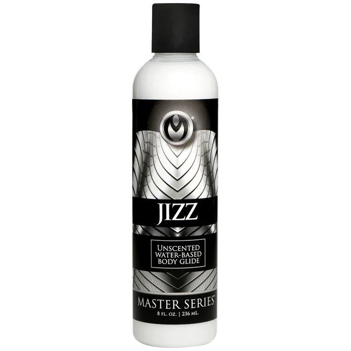 A white bottle labeled "Jizz Ultra Realistic Unscented Cum Lube" from the Master Series, featuring a black and silver geometric design. This creamy lube offers 8 fl oz (236 ml) of premium, ultra-realistic water-based lubricant.