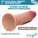 The Jock Dual Density Light Tone Silicone Thick 7 Inch Dildo with Suction Cup is shown on a white background. Blue and red text highlights: "sticks to most smooth surfaces" and "hands free fun!.