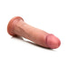 The Jock Dual Density Light Tone Silicone Thick 7 Inch Dildo features a detailed head, realistic flesh-tone, and suction cup base, shown on a white background.