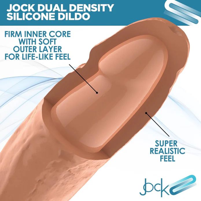 Cross-section of the Jock Dual Density Light Tone Silicone Thick 7 Inch Dildo shows a firm inner core and soft outer layer, with labels for its lifelike feel, super realistic texture, visible logo, product name, and suction cup base.