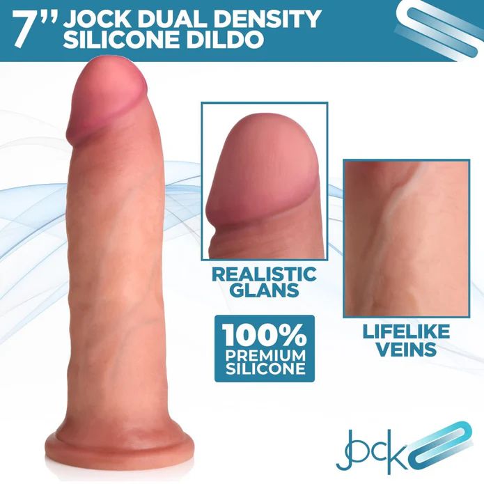 The Jock Dual Density Light Tone Silicone Thick 7 Inch Dildo features lifelike veins, a realistic glans, and a secure suction cup base. Made from 100% premium dual density silicone for a realistic feel.