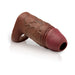 The Jock Girthy Open Ended Silicone Penis Sleeve in Chocolate is a realistic brown sleeve with textured veins, an open-ended tip, and a stretchy ball strap, shown against a white background.