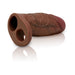 The Jock Girthy Open Ended Silicone Penis Sleeve - Chocolate is a realistic brown sleeve with an open tip, two large round base openings, and a stretchy ball strap, displayed on a white background with a subtle reflection.