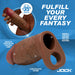 The Jock Girthy Open Ended Silicone Penis Sleeve - Chocolate is shown with labeled features: smooth, stretchy entrance, ball strap, open-ended tip, and lifelike texture. Bold text says "Fulfill your every fantasy," with JOCK branding visible.