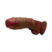 The Jock Girthy Open Ended Silicone Penis Sleeve in Chocolate is a realistic, brown sleeve with textured veins, a pronounced head, and a stretchy ball strap, shown against a white background.