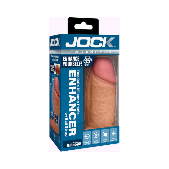 The Jock Girthy Open Ended Silicone Penis Sleeve - Medium is a boxed product with lifelike veins, an open tip, and promises up to 35% increased girth. Packaging features detailed info and realistic product images.