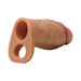 The Jock Girthy Open Ended Silicone Penis Sleeve - Medium is a flesh-toned, realistic penis sleeve with lifelike veins, two circular openings at one end, and an open tip. It features a detailed veined texture and is shown against a white background.