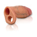 The Jock Girthy Open Ended Silicone Penis Sleeve - Medium is a realistic, flesh-toned sleeve with veins and two open holes at the base, shaped like a penis tip and designed as a sex toy, shown on a white background.
