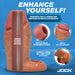 The Jock Girthy Open Ended Silicone Penis Sleeve - Medium is shown in flesh tone with labels for its open tip, soft lifelike texture, realistic veins, and stretchy ball strap. Text says "Enhance Yourself!" on a blue background.