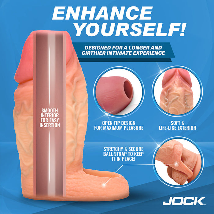 A diagram of the Jock Girthy Open Ended Silicone Penis Sleeve - Vanilla shows lifelike veins, a smooth easy-insert interior, an open tip for extra sensation, and a stretchy ball strap. "JOCK" is displayed at the bottom.
