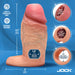 The Jock Girthy Open Ended Silicone Penis Sleeve - Vanilla is shown with detailed veins, 4.5" length, 3" width, 0.8" tip opening, 1.2" shaft opening, secure ball strap, latex and phthalate free icons, and the "Jock" logo at the bottom.