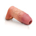 The Jock Girthy Open Ended Silicone Penis Sleeve - Vanilla, featuring realistic veins, a pinkish head, and a ball strap, is displayed lying on a white surface.