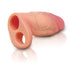 The Jock Girthy Open Ended Silicone Penis Sleeve - Vanilla is a realistic, light-skinned silicone sleeve with pronounced veins, two circular openings, and an integrated ball strap at the base, shown against a white background.