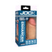 Boxed "Jock Girthy Open Ended Silicone Penis Sleeve - Vanilla" with a realistic silicone sleeve featuring lifelike veins and ball strap. Packaging highlights up to 35% added girth, body-safe silicone, and waterproof design.