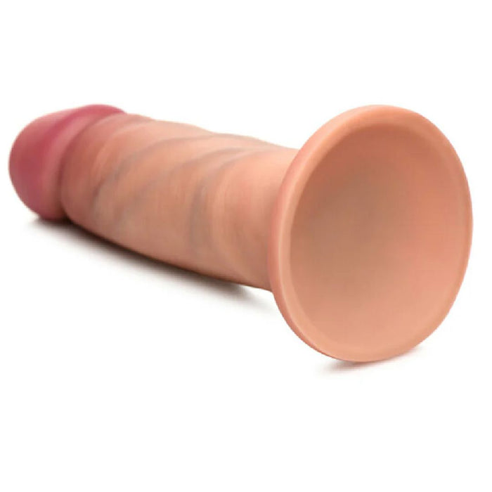 The Jock Lifelike 6 Inch Dual Density Light Tone Silicone Beginner Dildo in Vanilla features a realistic look, rounded textured tip, flared suction cup base for harness compatibility, and is displayed on a white background.