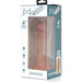 The Jock Lifelike 6 Inch Dual Density Light Tone Silicone Beginner Dildo with Suction Cup - Vanilla is displayed in a box highlighting its realistic feel, strap-on compatibility, and premium silicone, all visible through a clear window.