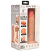 The Jock Real Skin Long Vibrating 8 Inch Light Tone Silicone Suction Cup Dildo is displayed in a box, featuring lifelike veins and glans, strong vibrations, premium silicone, realistic skin texture, and a suction cup base for hands-free use.