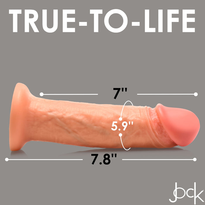 The Jock Real Skin Long Vibrating 8 Inch Light Tone Silicone Suction Cup Dildo features 7.8" length, 7" insertable, and 5.9" circumference. "TRUE-TO-LIFE" is shown above with the Jock logo at the bottom right.