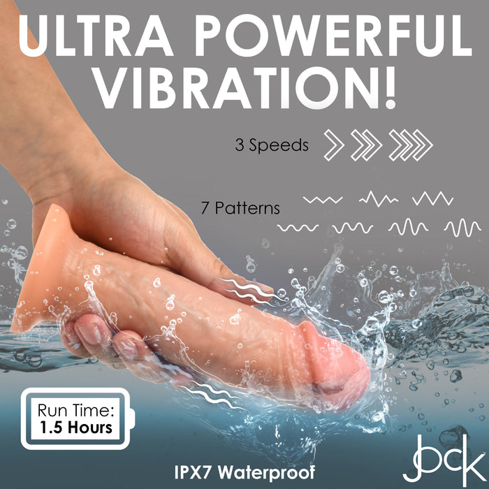 A hand holds the Jock Real Skin Long Vibrating 8 Inch Light Tone Silicone Suction Cup Dildo as water splashes. Text spotlights ultra-powerful vibration, 3 speeds, 7 patterns, a 1.5-hour run time, and an IPX7 waterproof rating.