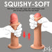 Two Jock Real Skin Thick 8 Inch Light Tone Silicone Suction Cup Dildos are shown side by side, hands squishing their soft outer layer to show flexibility. Text highlights the squishy-soft feel, stretchy lifelike skin, and sturdy suction cup base.