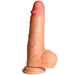 The Jock Real Skin Thick 8 Inch Light Tone Silicone Suction Cup Dildo with Balls features a lifelike, veined shaft, realistic tip, balls at the base, and stands upright on its suction cup against a white background.