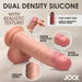 The Jock Real Skin Thick 8 Inch Medium Tone Silicone Suction Cup Dildo with Balls features lifelike veins, detailed texture, stretchy skin, and dual-density construction—a soft outer layer and firm core—for an ultra-realistic feel.